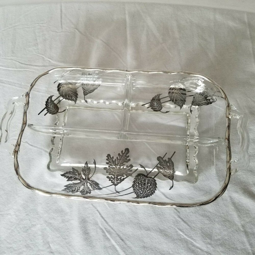 Vintage Clear Glass Relish Dish serving tray w/Silver Lining silver leaves 10x7